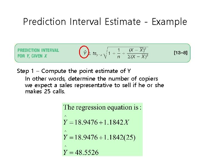 Prediction Interval Estimate - Example Step 1 – Compute the point estimate of Y