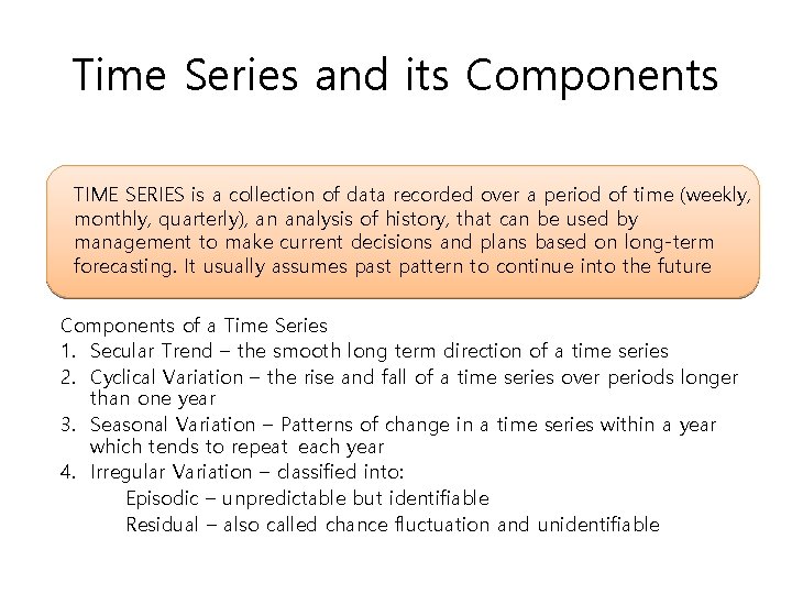 Time Series and its Components TIME SERIES is a collection of data recorded over