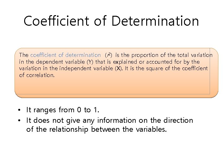 Coefficient of Determination The coefficient of determination (r 2) is the proportion of the