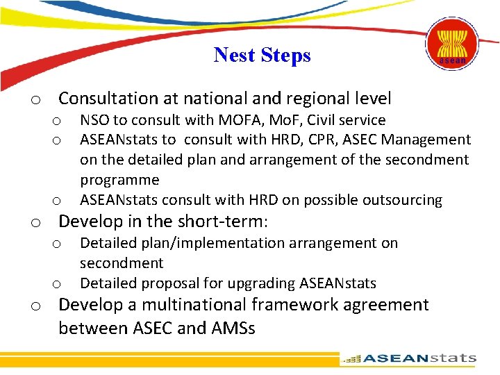 Nest Steps o Consultation at national and regional level o o o NSO to