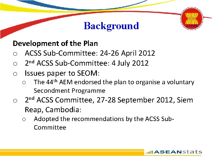 Background Development of the Plan o ACSS Sub-Committee: 24 -26 April 2012 o 2