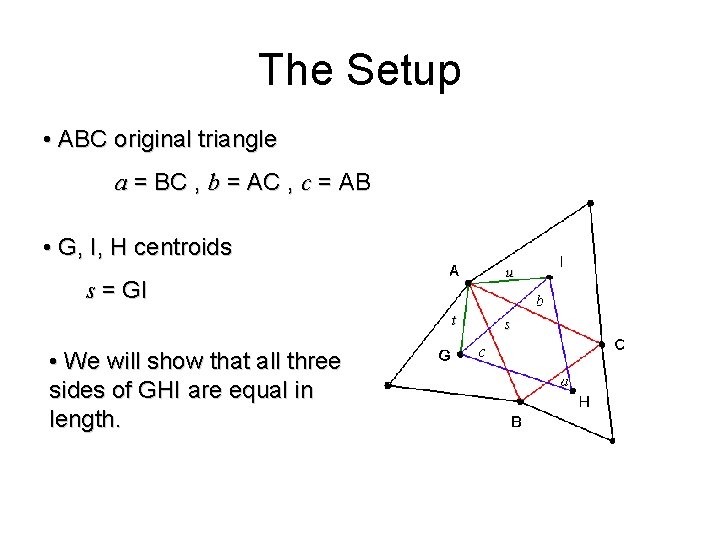 The Setup • ABC original triangle a = BC , b = AC ,