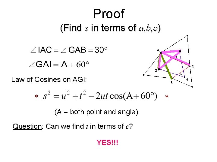 Proof (Find s in terms of a, b, c) Law of Cosines on AGI: