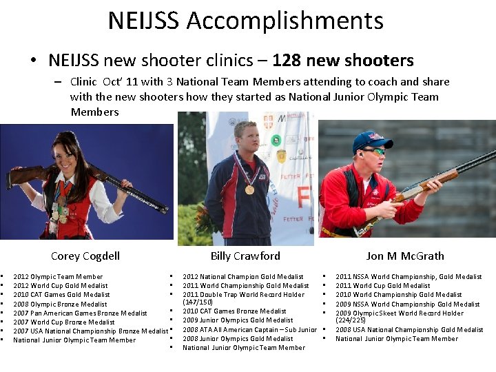 NEIJSS Accomplishments • NEIJSS new shooter clinics – 128 new shooters – Clinic Oct’