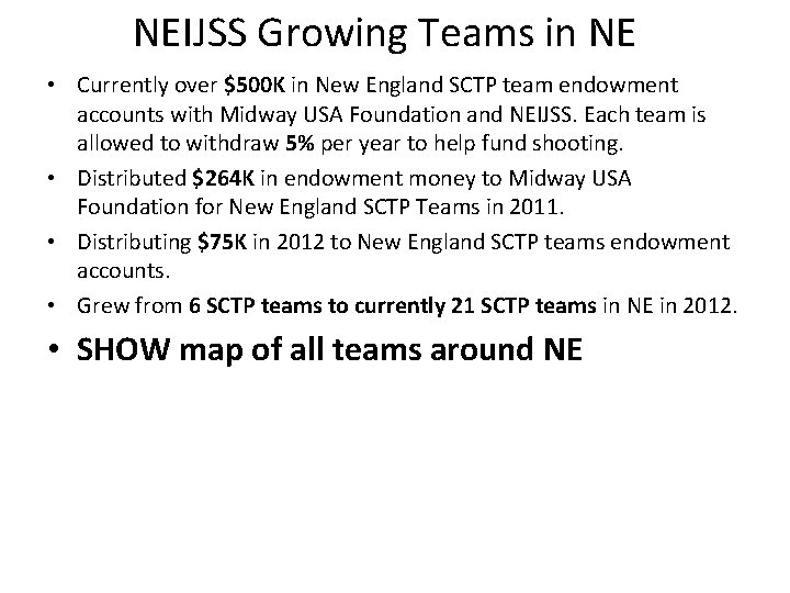 NEIJSS Growing Teams in NE • Currently over $500 K in New England SCTP