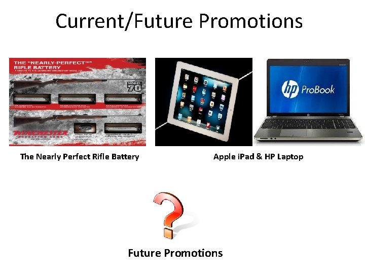 Current/Future Promotions The Nearly Perfect Rifle Battery Apple i. Pad & HP Laptop Future