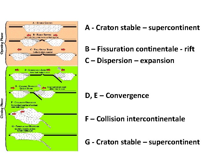  A - Craton stable – supercontinent B – Fissuration continentale - rift C