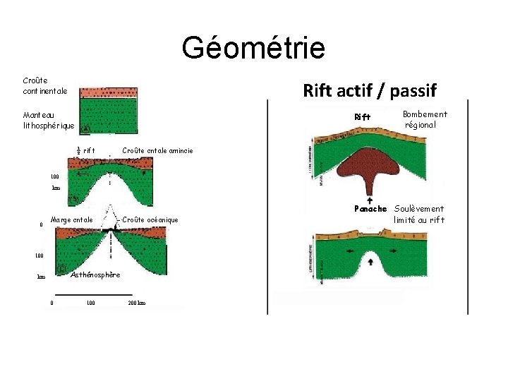 Géométrie Croûte continentale Rift actif / passif Manteau lithosphérique Rift ½ rift Bombement régional