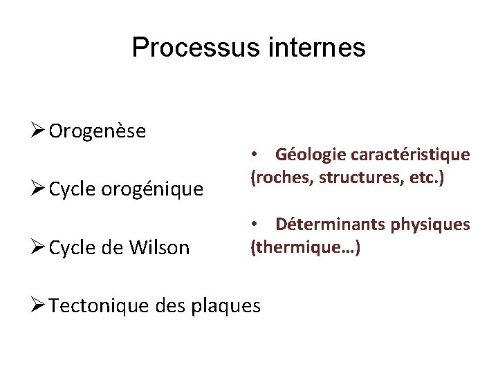 Processus internes Ø Orogenèse Ø Cycle orogénique Ø Cycle de Wilson • Géologie caractéristique