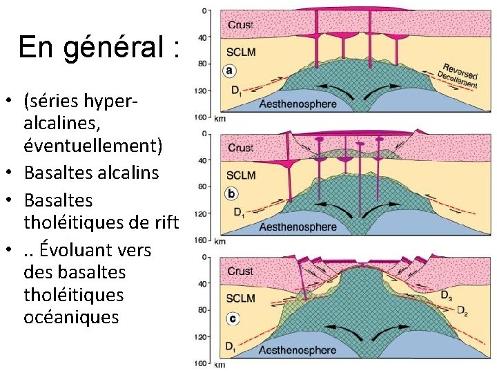En général : • (séries hyperalcalines, éventuellement) • Basaltes alcalins • Basaltes tholéitiques de