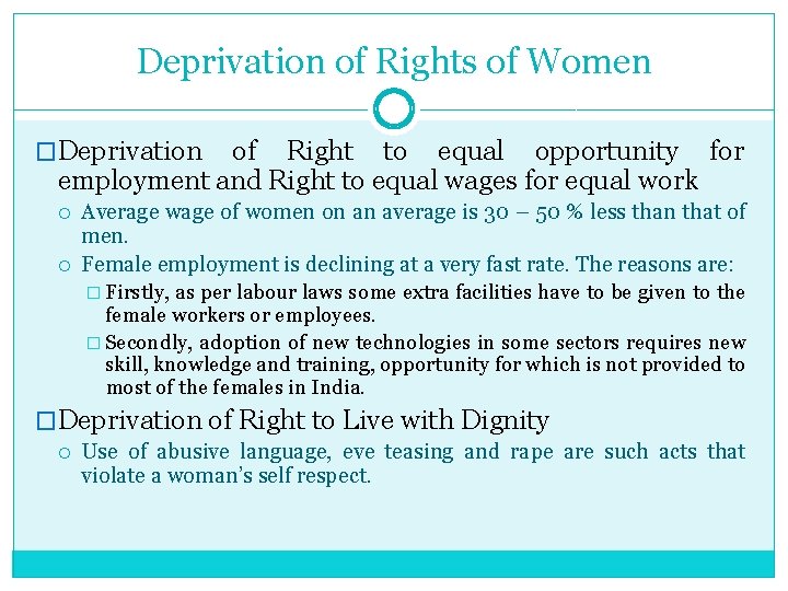 Deprivation of Rights of Women �Deprivation of Right to equal opportunity for employment and