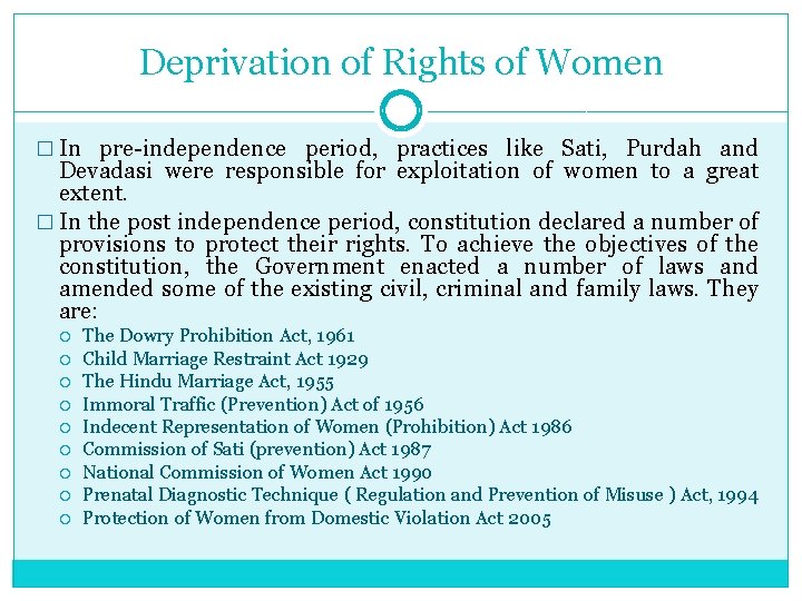 Deprivation of Rights of Women � In pre-independence period, practices like Sati, Purdah and