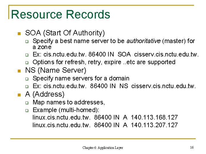 Resource Records n SOA (Start Of Authority) q q q n NS (Name Server) Resource Records n SOA (Start Of Authority) q q q n NS (Name Server)