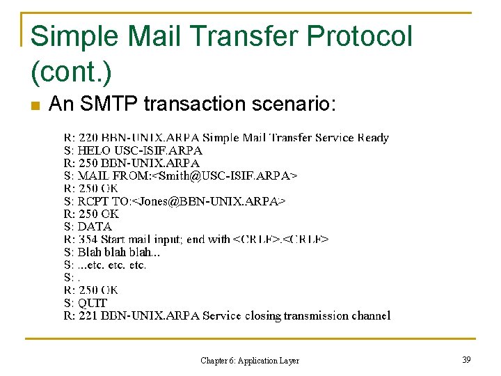 Simple Mail Transfer Protocol (cont. ) n An SMTP transaction scenario: Chapter 6: Application Simple Mail Transfer Protocol (cont. ) n An SMTP transaction scenario: Chapter 6: Application