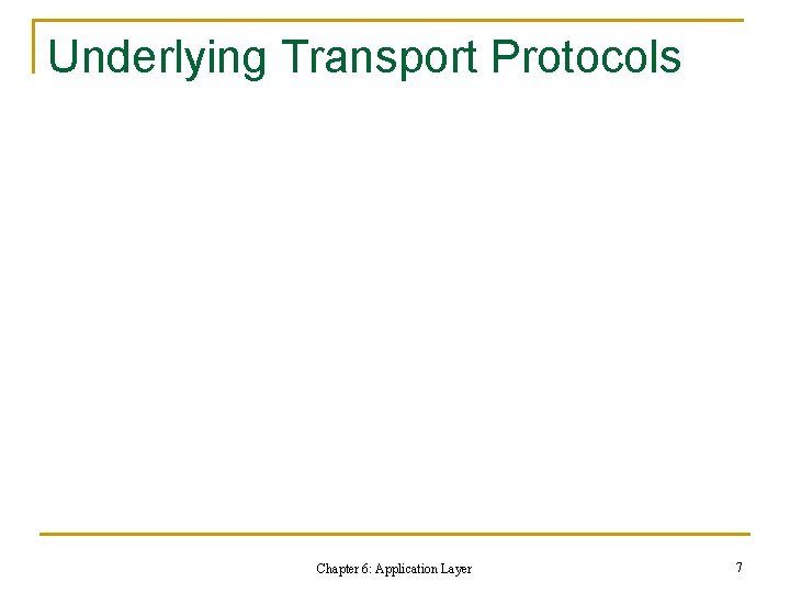 Underlying Transport Protocols Chapter 6: Application Layer 7 Underlying Transport Protocols Chapter 6: Application Layer 7