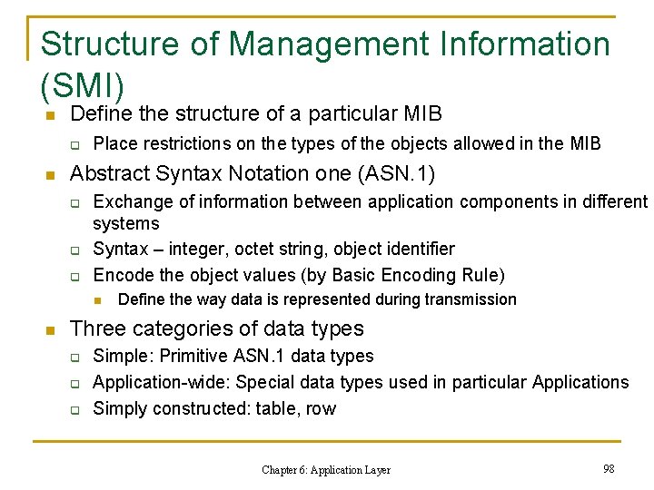 Structure of Management Information (SMI) n Define the structure of a particular MIB q Structure of Management Information (SMI) n Define the structure of a particular MIB q