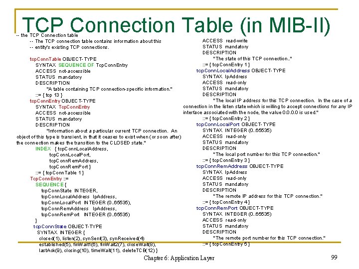 TCP Connection Table (in MIB-II) -- the TCP Connection table -- The TCP connection TCP Connection Table (in MIB-II) -- the TCP Connection table -- The TCP connection
