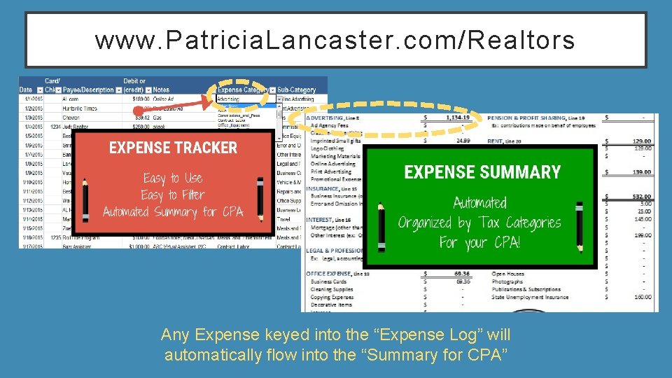 www. Patricia. Lancaster. com/Realtors Any Expense keyed into the “Expense Log” will automatically flow