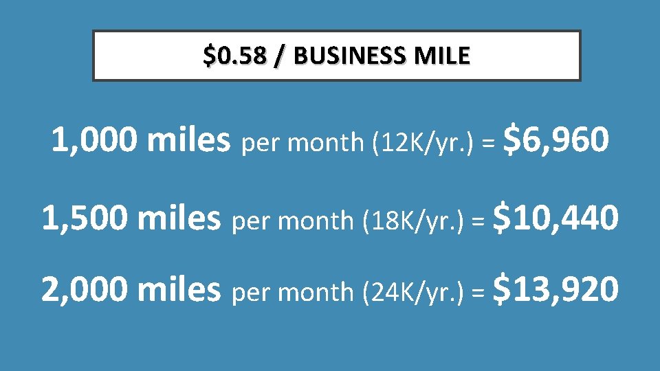 $0. 58 / BUSINESS MILE 1, 000 miles per month (12 K/yr. ) =