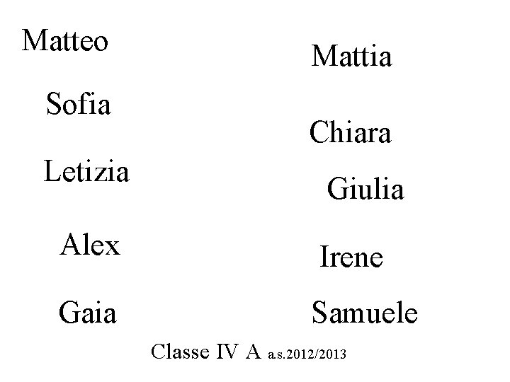 Matteo Sofia Letizia Mattia Chiara Giulia Alex Irene Gaia Samuele Classe IV A a.
