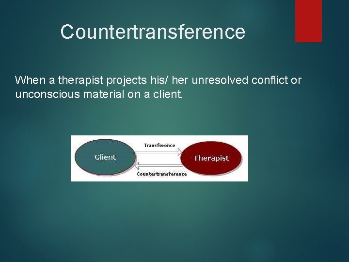 Countertransference When a therapist projects his/ her unresolved conflict or unconscious material on a