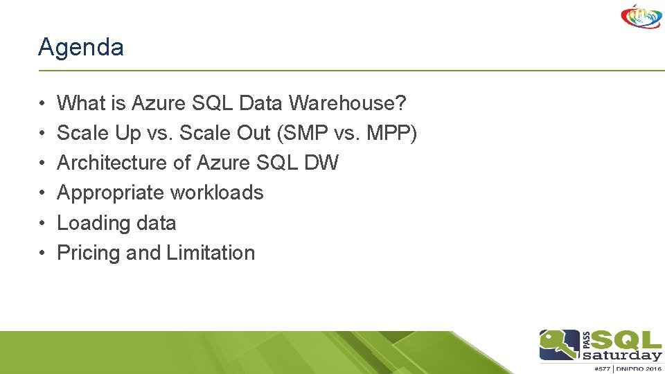 Agenda • • • What is Azure SQL Data Warehouse? Scale Up vs. Scale