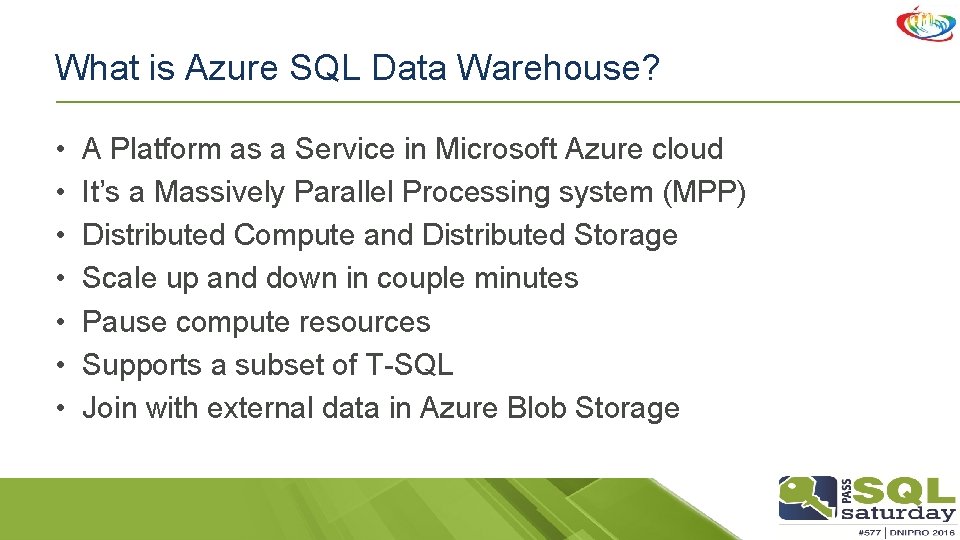 What is Azure SQL Data Warehouse? • • A Platform as a Service in