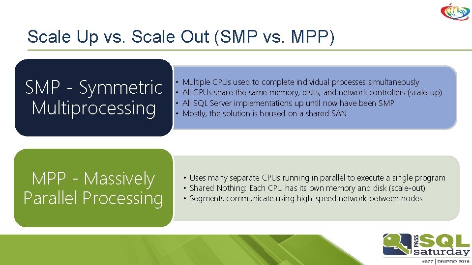 Scale Up vs. Scale Out (SMP vs. MPP) SMP - Symmetric Multiprocessing MPP -
