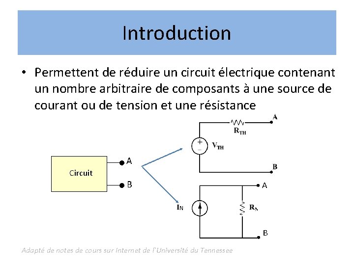 Introduction • Permettent de réduire un circuit électrique contenant un nombre arbitraire de composants