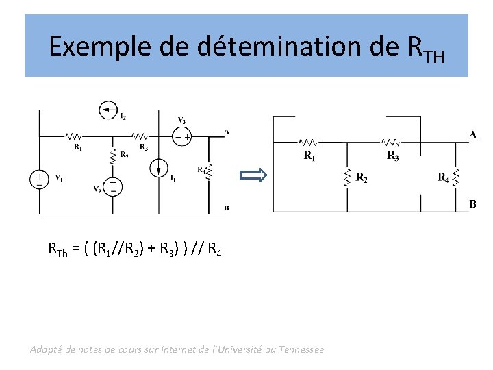 Exemple de détemination de RTH RTh = ( (R 1//R 2) + R 3)