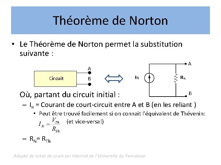 Théorème de Norton • Le Théorème de Norton permet la substitution suivante : •