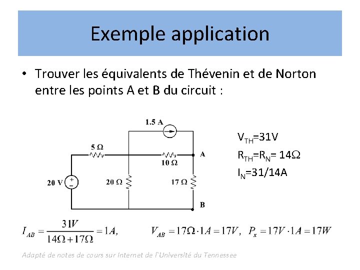 Exemple application • Trouver les équivalents de Thévenin et de Norton entre les points