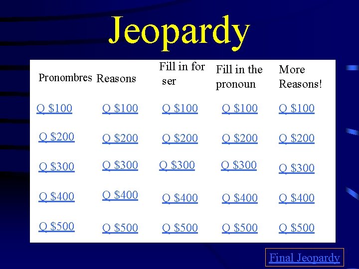 Jeopardy Pronombres Reasons Fill in for Fill in the ser pronoun More Reasons! Q