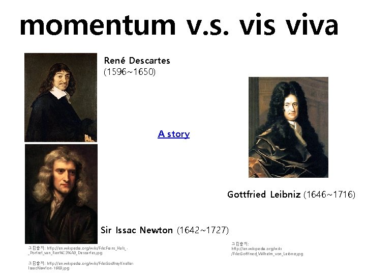 momentum v. s. vis viva René Descartes (1596~1650) A story Gottfried Leibniz (1646~1716) Sir