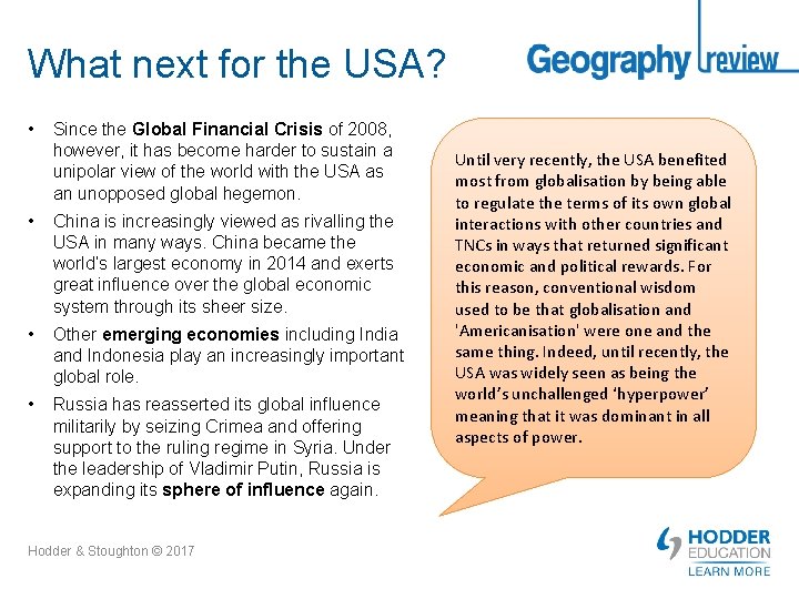 What next for the USA? • Since the Global Financial Crisis of 2008, however,
