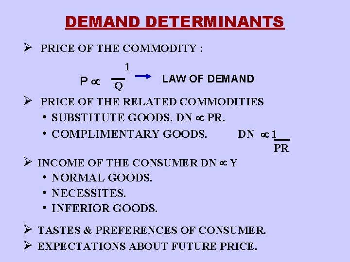DEMAND DETERMINANTS Ø PRICE OF THE COMMODITY : P 1 LAW OF DEMAND Q