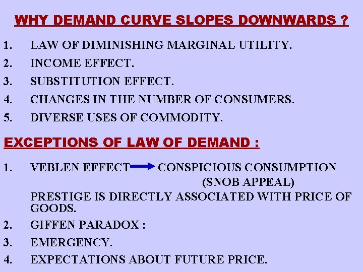 WHY DEMAND CURVE SLOPES DOWNWARDS ? 1. 2. 3. 4. 5. LAW OF DIMINISHING