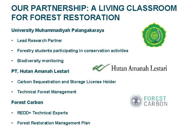 OUR PARTNERSHIP: A LIVING CLASSROOM FORESTORATION University Muhammadiyah Palangakaraya • Lead Research Partner •