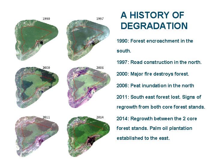 A HISTORY OF DEGRADATION 1990: Forest encroachment in the south. 1997: Road construction in