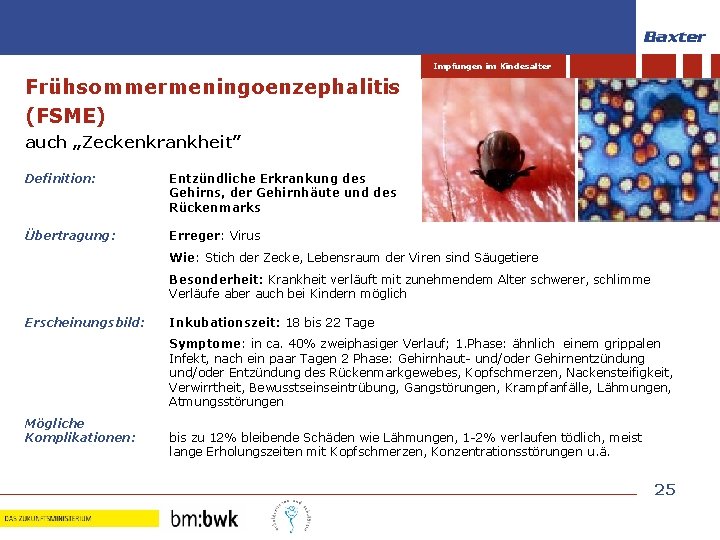 Impfungen im Kindesalter Frühsommermeningoenzephalitis (FSME) auch „Zeckenkrankheit” Definition: Entzündliche Erkrankung des Gehirns, der Gehirnhäute