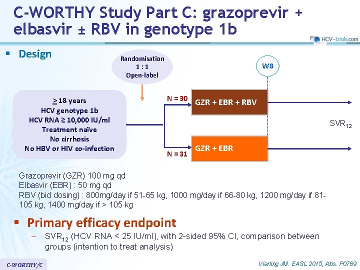C-WORTHY Study Part C: grazoprevir + elbasvir ± RBV in genotype 1 b §