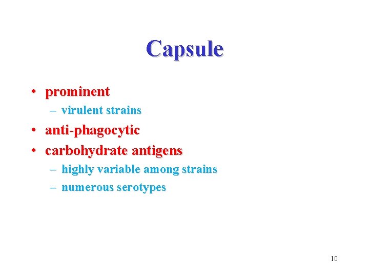 Capsule • prominent – virulent strains • anti-phagocytic • carbohydrate antigens – highly variable