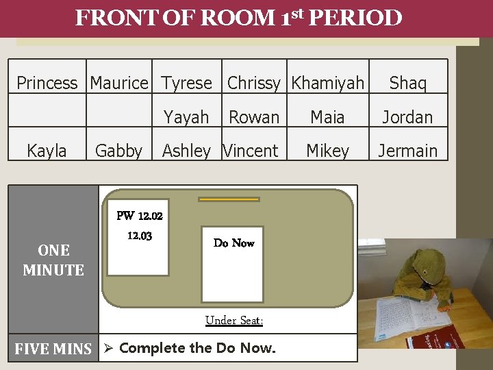 FRONT OF ROOM 1 st PERIOD Princess Maurice Tyrese Chrissy Khamiyah Shaq Yayah Kayla