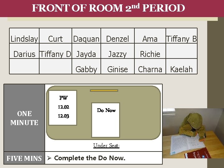 FRONT OF ROOM 2 nd PERIOD Lindslay Curt Daquan Denzel Ama Tiffany B Darius