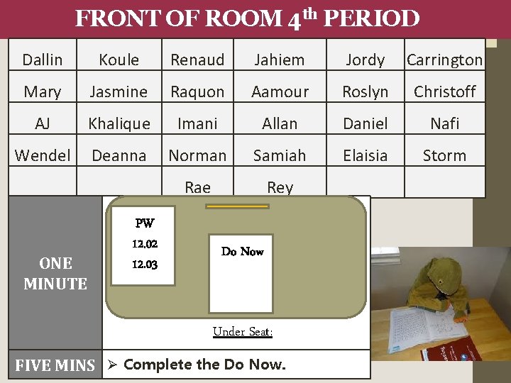 FRONT OF ROOM 4 th PERIOD Dallin Koule Renaud Jahiem Jordy Carrington Mary Jasmine