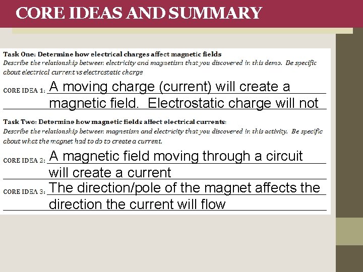 CORE IDEAS AND SUMMARY A moving charge (current) will create a magnetic field. Electrostatic