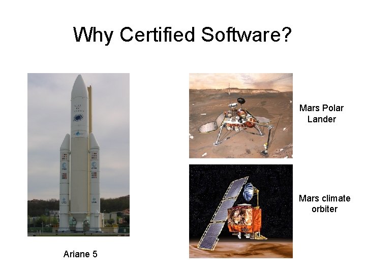 Why Certified Software? Mars Polar Lander Mars climate orbiter Ariane 5 