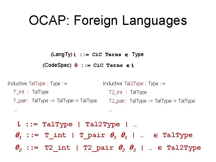 OCAP: Foreign Languages (Lang. Ty) L : : = Ci. C Terms Type (Code.