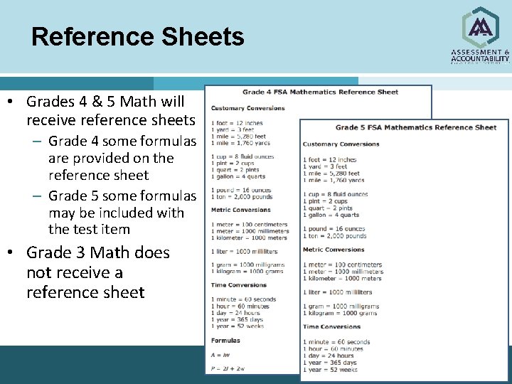 Reference Sheets • Grades 4 & 5 Math will receive reference sheets – Grade