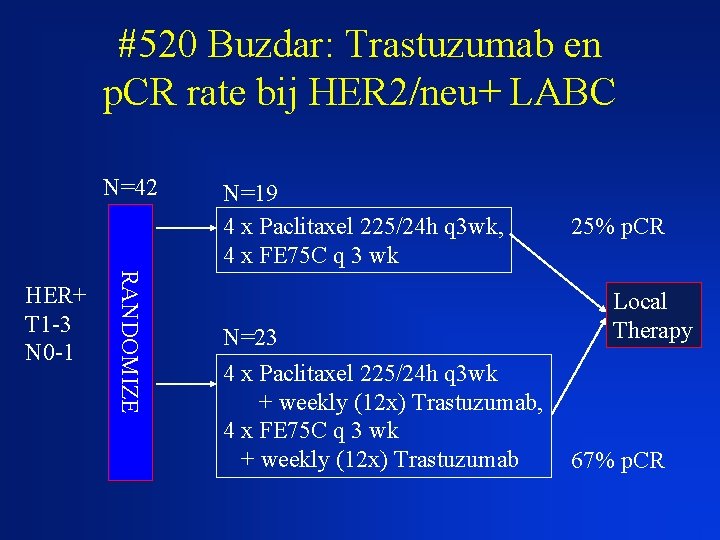#520 Buzdar: Trastuzumab en p. CR rate bij HER 2/neu+ LABC N=42 RANDOMIZE HER+